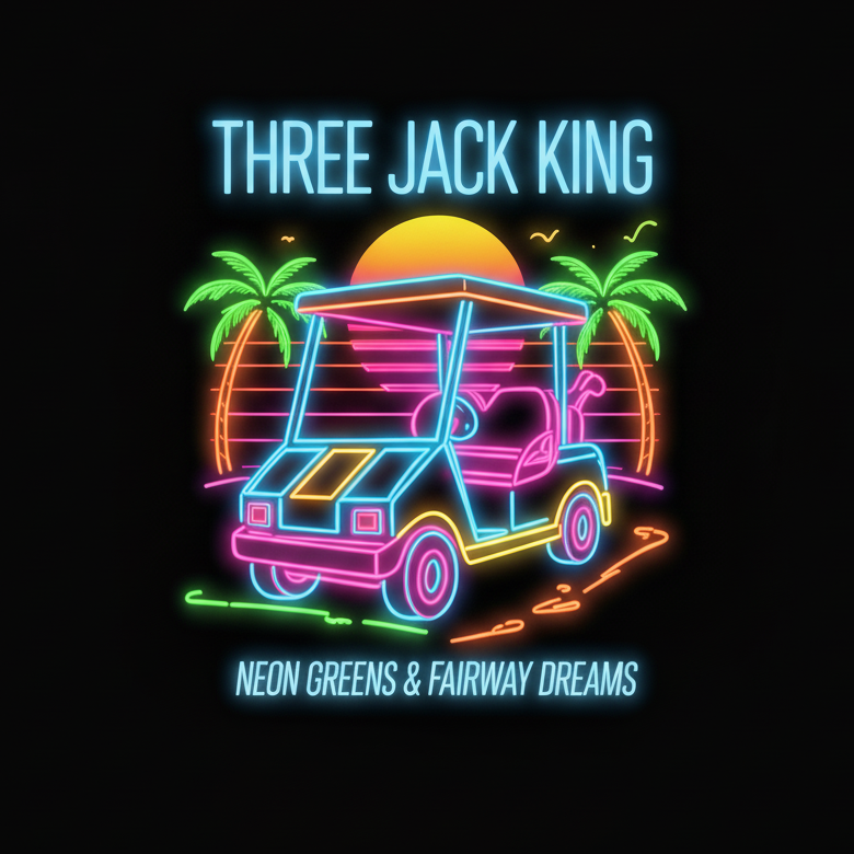 Neon sign of a golf cart with palm trees and sunset, featuring 'Three Jack King' on a black background.